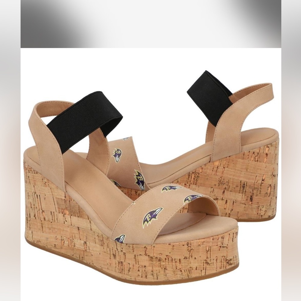 New! NFL Baltimore Ravens Black and Tan Wedge Sandals